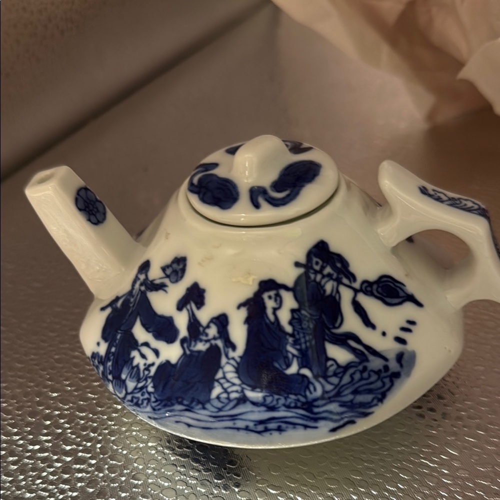 Vintage Miniature Chinese Hand Painted Blue and White Teapot